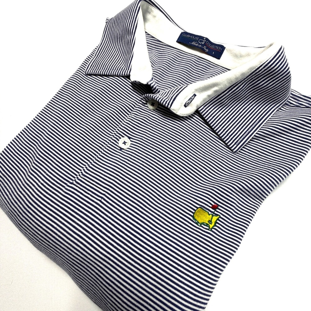 Masters Clubhouse Collection Golf Polo Shirt Mens L Navy White Stripe Italy